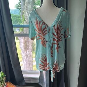 Tribal Teal Green Tie Front Tropical Print Top
